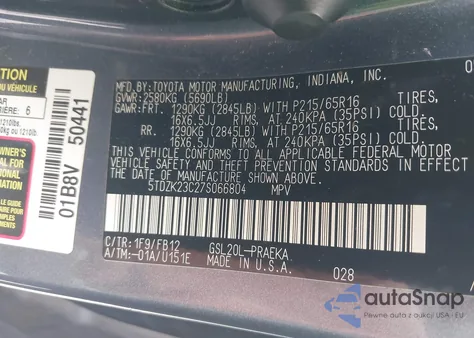 2007 Toyota Sienna Ce z USA, uszkodzony, nr VIN 5TDZK23C27S066804